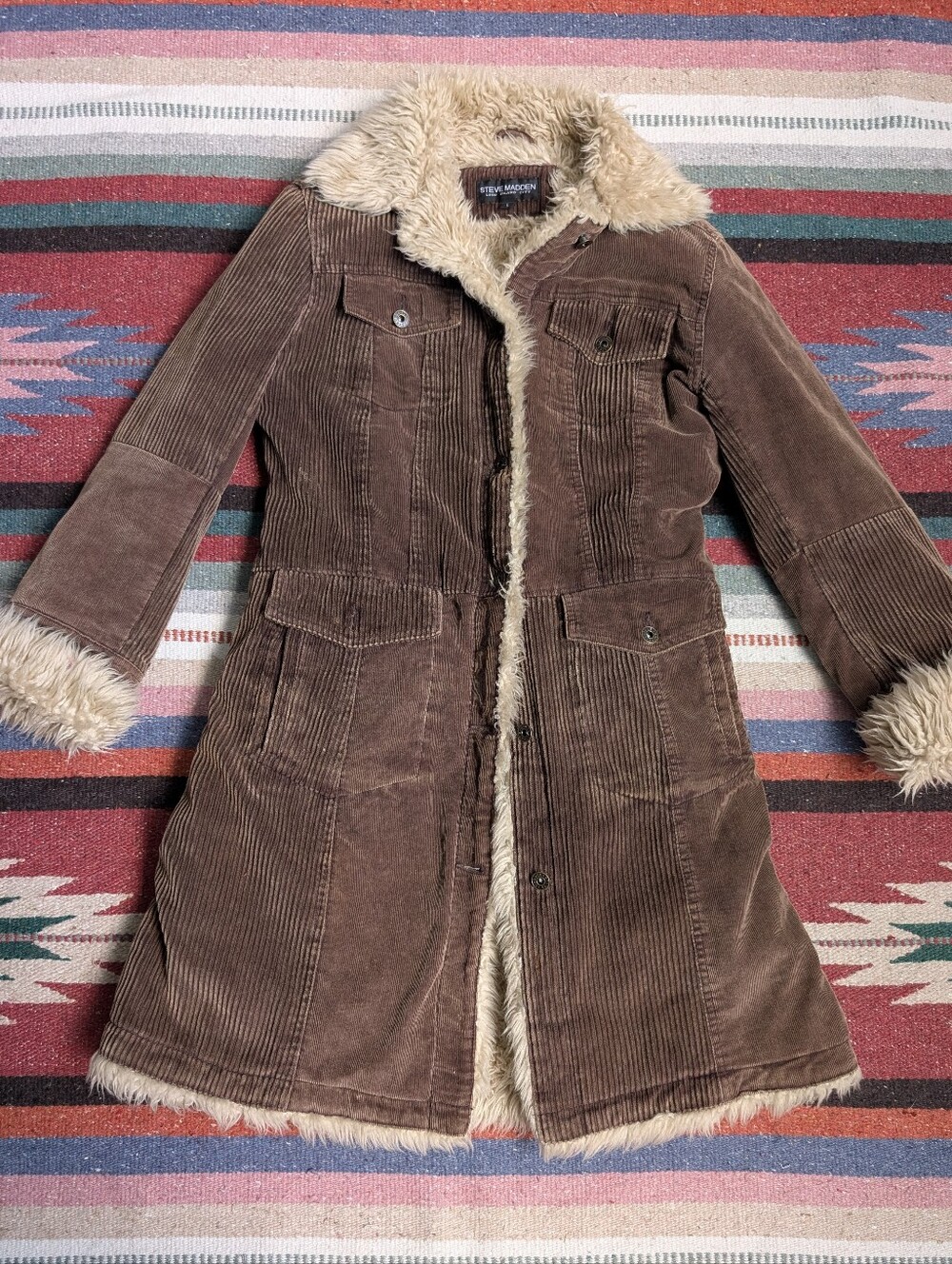 Vtg Y2K Steve Madden Corduroy Penny Lane Trench Coat Sz L Faux Fur Lined